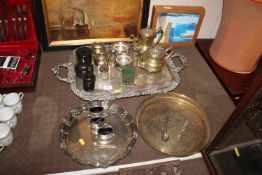 A twin handled plate on copper drinks tray, variou