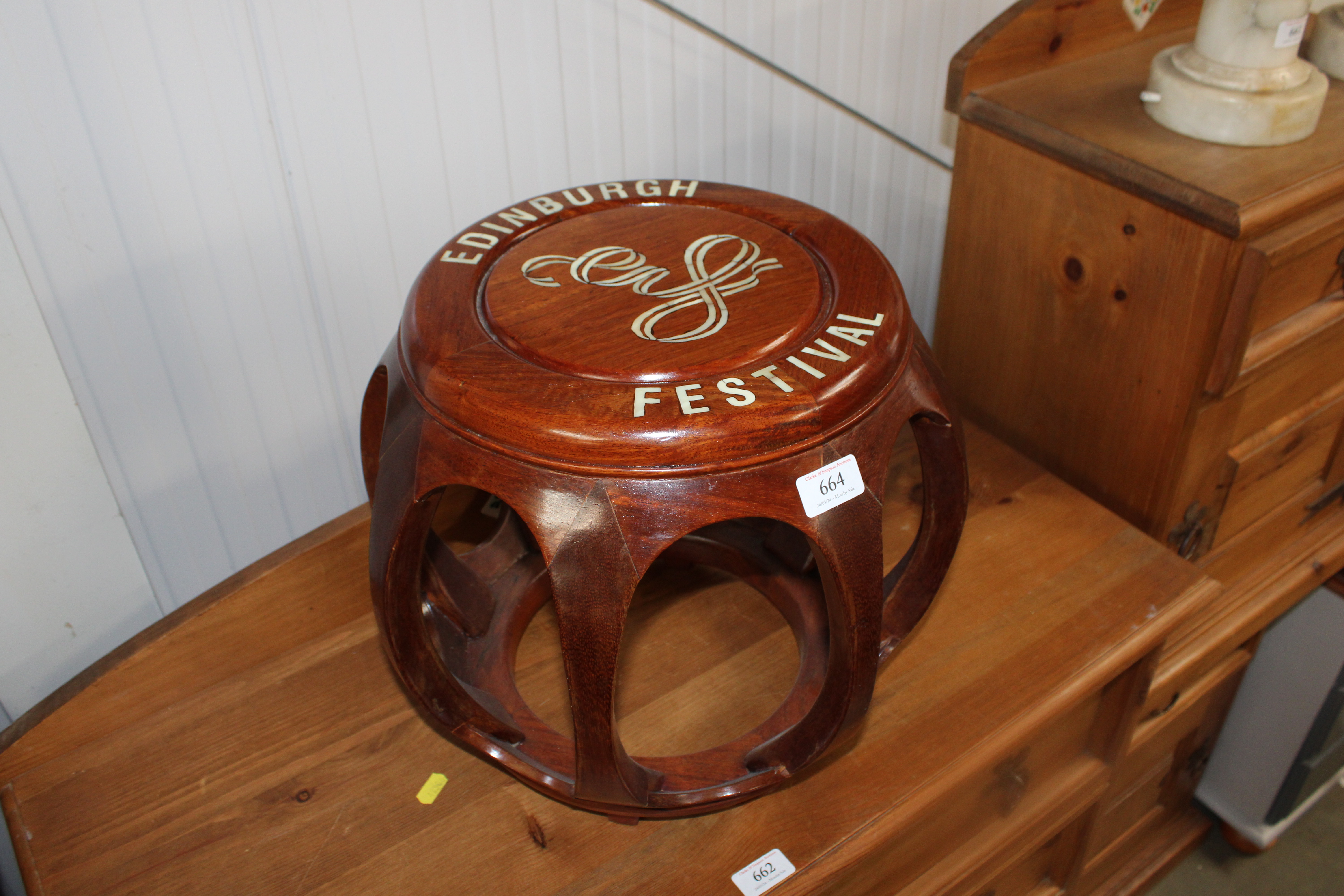 A mahogany Edinburgh festival stool with mother of pearl inlay
