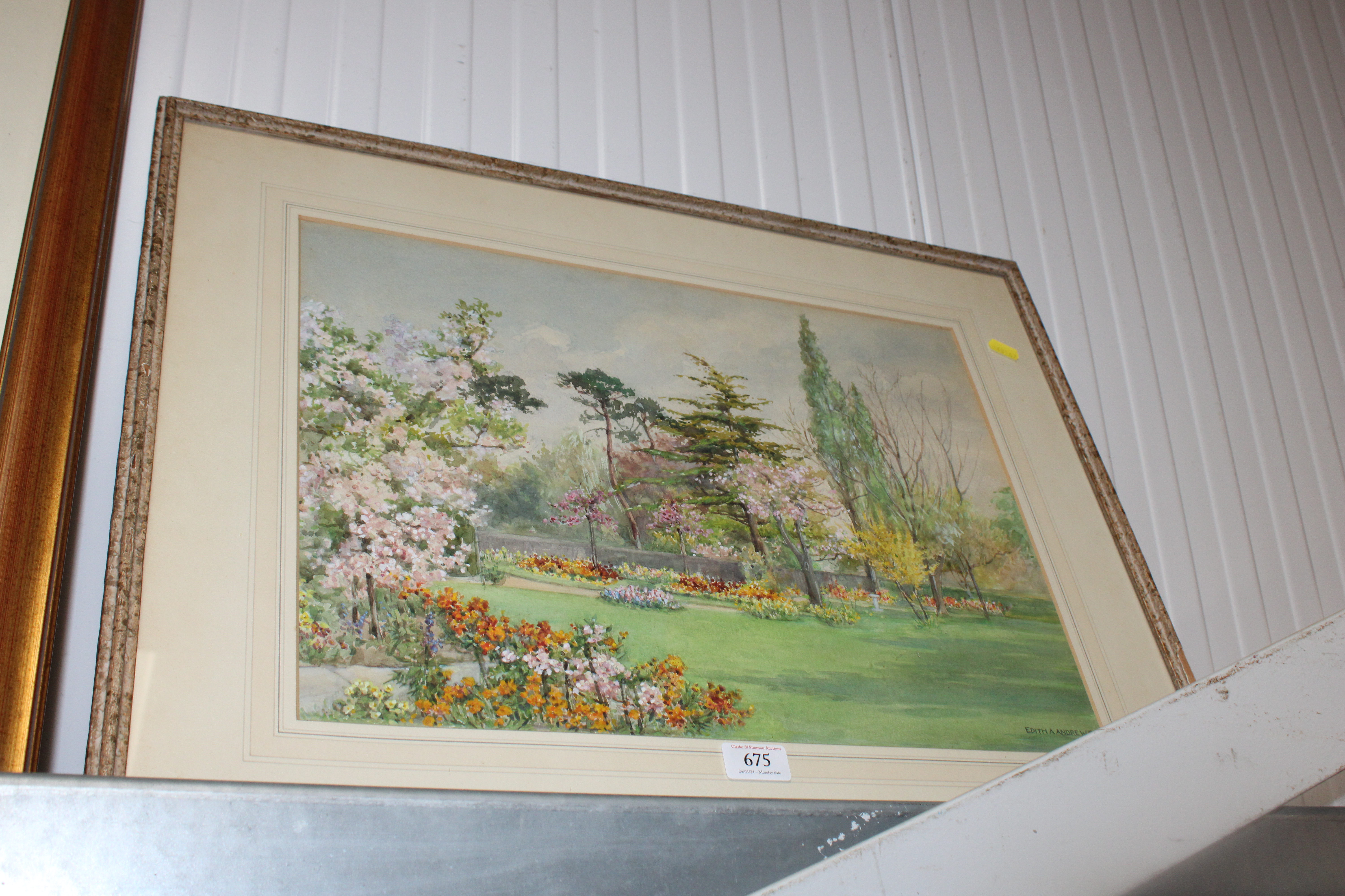 Edith A Andrews, watercolour study of a garden sce