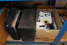 A box and two cases containing various records