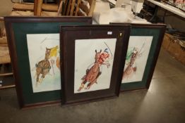 Three watercolour studies of polo players, one ind