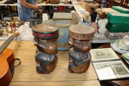 An Oriental elephant seat and two hardwood elephan