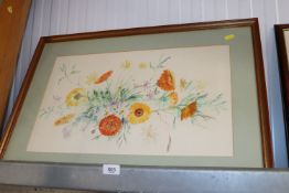 A watercolour still life study of flowers containe