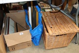 A wicker basket; a box and a bag containing variou