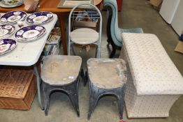 Two wooden topped stools and a folding chair