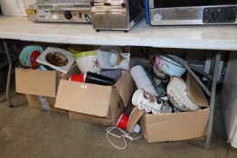 Three boxes containing various kitchenalia