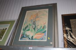 A watercolour still life study of flowers containe