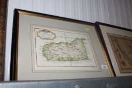 A framed coloured print depicting a map of St Lucia