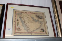 A framed coloured print depicting a map of Arabia