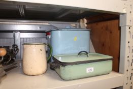An enamel bread bin, an enamel jug and a enamel di