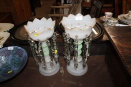 A pair of Victorian opaque and gilt glass lustre v