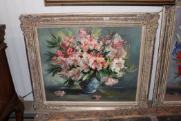 Anthea Du Rose 1933 - 2024, oil on canvas still life study of flowers in a vase, contained in ornate