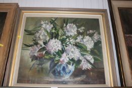 Anthea Du Rose 1933-2024, oil on canvas still life study of flowers in a vase, dated 1977