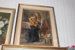 Anthea Du Rose 1933-2024, oil on board study of 'Nicola Playing Her Guitar' contained in gilt frame