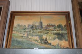 Anthea Du Rose 1933-2024, oil on board study of St Mary's Church, dated 2001 contained in gilt