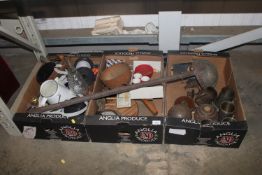 Three boxes containing various pewter tankards, wo