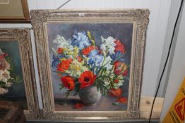 Anthea Du Rose 1933 - 2024, oil on canvas still life study of flowers in a vase, contained in ornate