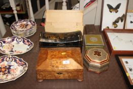 A burr walnut sewing box; an Oriental lacquered po