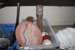 A box containing various pottery, barometer, seash