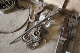 Ratchet chain puller and various pullies.