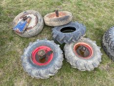 2x 7.00-12 drill wheels and tyres, another tyre, and 2x others.