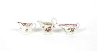 An early Bow porcelain cream boat c1760, the ribbed body painted with flowers, label to base; an