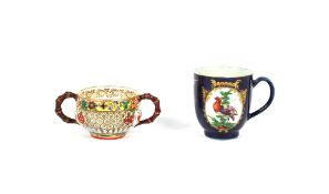A Chamberlains Worcester reticulated twin handled cabinet cup, circa 1840; and a blue ground