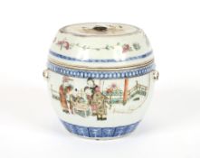 A Chinese cylindrical bowl and cover, having all over floral decoration, the lid painted with two