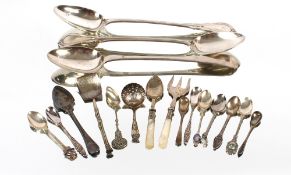 A pair of heavy plated basting spoons; an Old English pattern plated basting spoon; various fancy