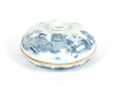 A cylindrical Chinese blue and white hors d'oeuvres dish and cover, having figural and scenic