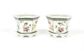 A pair of Chinese porcelain Cache Pot and stands, decorated birds famille rose and other foliage,
