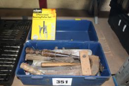 Box various tools and Rolson bearing puller set.