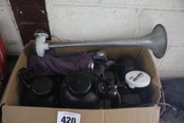 Various vehicle spotlights and air horns. For sale