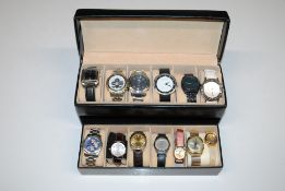 A watch case and contents of 13 various wrist watc