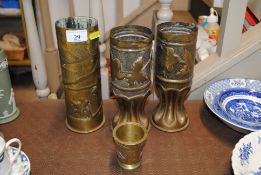 Three Trench Art shell cases and a brass cup