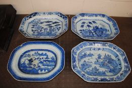 Four antique blue and white porcelain serving plat