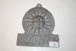 A lead Fire Insurance plaque for Sun Insurance No.