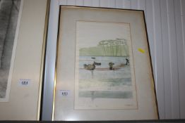 Whitney Hansen, coloured wood cut 'Clamming At Dawn' 43 of 75 having Christies contemporary art