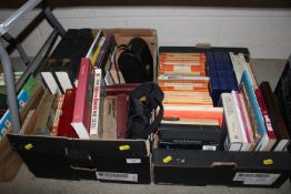 Two boxes of various books and two pairs of binocu