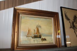 A gilt framed oil on board study of sailing boats,