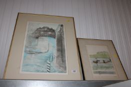 Whitney Hansen, coloured wood cut 'Clamming at Dawn' 42/75 together with Anton Krajnc, pencil signed