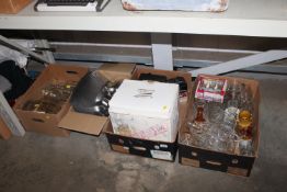 Three boxes containing various glassware, stainles