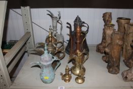 A quantity of brass and copper Eastern Dallahs