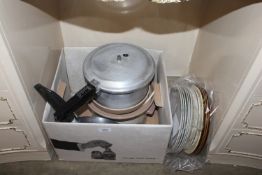 A box containing various kitchenalia and dinner pl