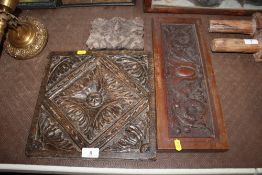 A small carved printing block; a carved oak panel
