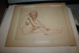 A folio of miscellaneous unframed watercolours and drawings to include charcoal study by Jean-