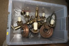 A brass four light chandelier; various other light