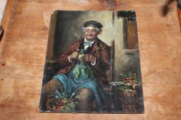 An unframed oil on board study of a man seated smo