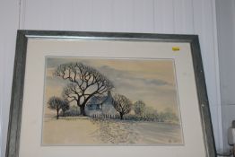 A framed and glazed watercolour and ink study of a cottage by a tree initialled to the bottom