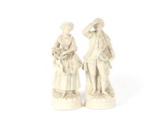A pair of Victorian Parian ware type figures depicting 'Lady and Gallant' carrying baskets of